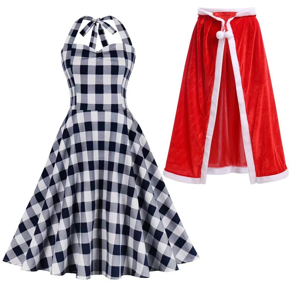 3760 Girls Christmas Dresses 1920s Vintage Plaid Dress Halter Backless